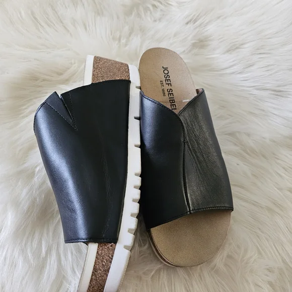 Josef Seibel Black Leather Slide Mule with Cork Wedge and White Outsole - Picture 9 of 12